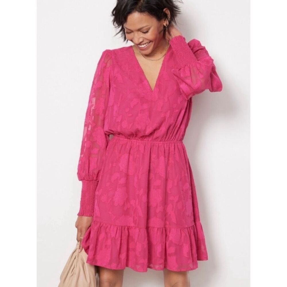 Evereve Mini Dress V Neck Long Sleeve Floral Fit and Flare Pink Fuchsia size Lar - Picture 1 of 13